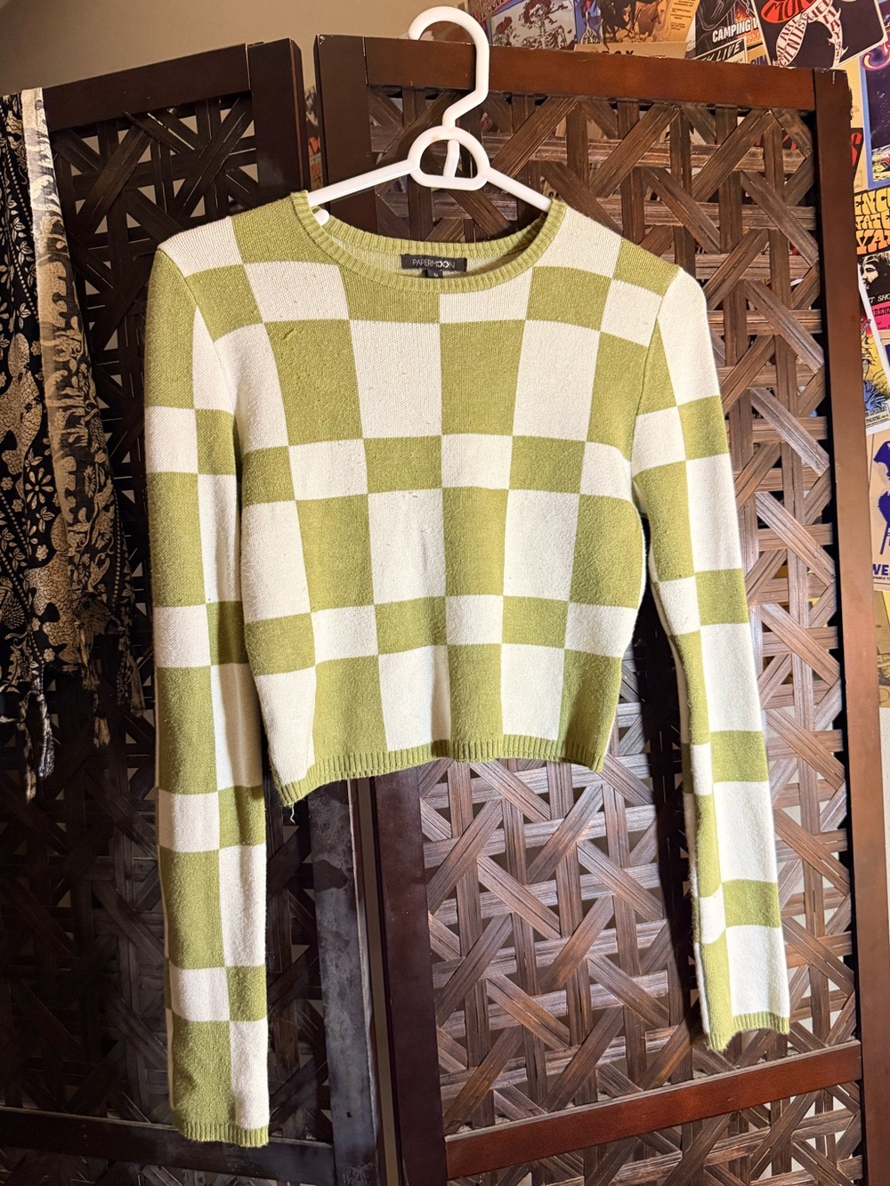 Papermoon Green and White Checkerboard Cropped Crew Sweater